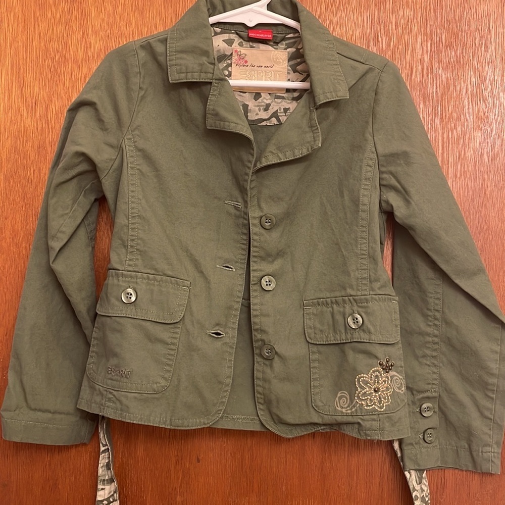 ESPRIT Olive Green Belted Utility Coat w/ Pockets Embroidered Beads Girl’s 5